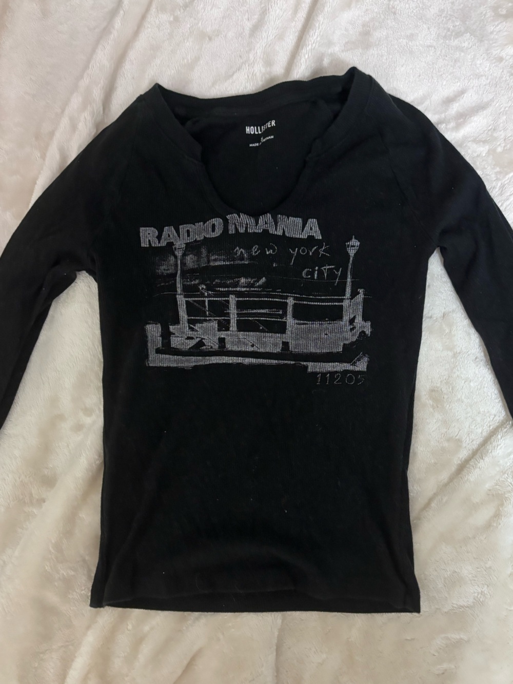 Hollister Black Long Sleeve Graphic Tee with Silver Print